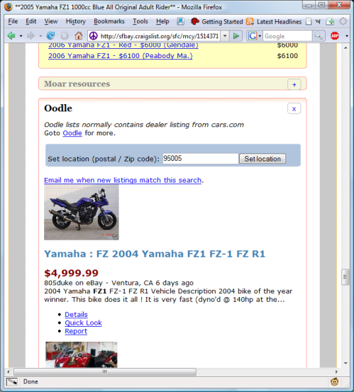 Motorcycle listing from Oodle below Craigslist motorcycle ad.
