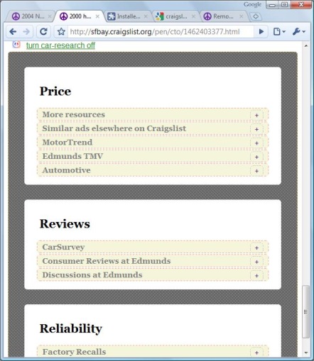 Craigslist car research extension with features disabled