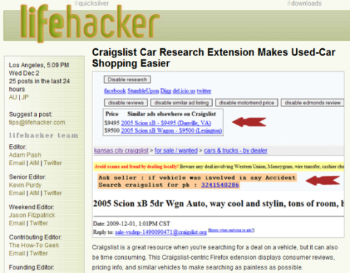 Lifehacker: Craigslist Car Research extension makes used-car shopping easier
